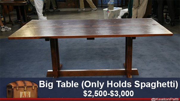 Antiques Roadshow item with funny caption: "Big Table (Only Holds Spaghetti)" valued at $2,500-$3,000.