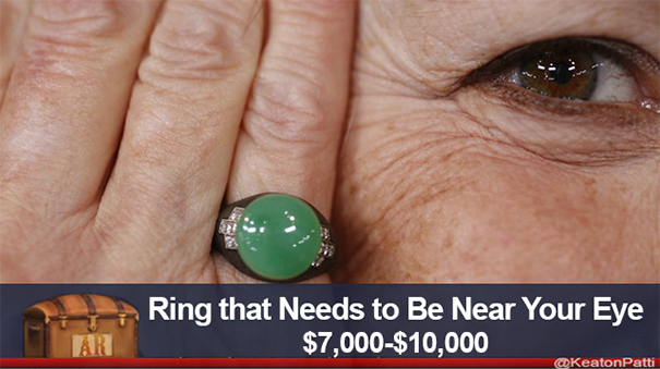 Close-up of a person's hand with a green jade ring, humorous caption about antiques, showing value of $7,000-$10,000.