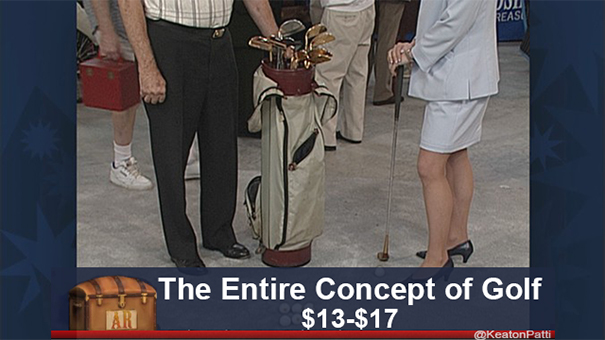 Two people stand with a golf bag on Antiques Roadshow, featuring a funny caption about the item's value.