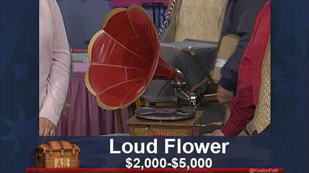 Antiques Roadshow item humorously captioned as "Loud Flower," valued at $2,000-$5,000.
