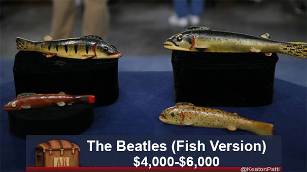 Antiques Roadshow items with funny captions; fish figurines labeled "The Beatles" valued at $4,000-$6,000.