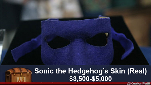 Antiques Roadshow item with funny caption, "Sonic the Hedgehog’s Skin (Real)," valued at $3,500-$5,000.