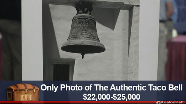 Antiques Roadshow item with a humorous caption about a bell, valued at $22,000-$25,000.