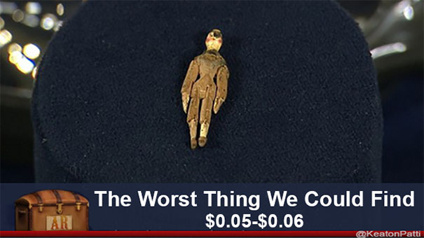 Antiques Roadshow item with a funny caption valuing it at $0.05-$0.06, described as "The Worst Thing We Could Find."