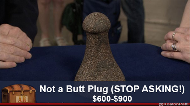 Antiques Roadshow item with a humorous caption, valued at $600-$900, displayed on a table.