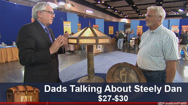 Two men on Antiques Roadshow with a lamp and humorous caption about Steely Dan, valued at $27-$30.