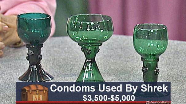 Antiques Roadshow item with funny caption reading "Condoms Used By Shrek" valued at $3,500-$5,000.