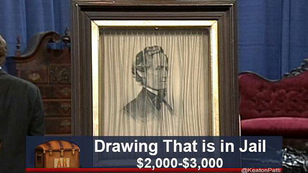 Antiques Roadshow item with a funny caption: "Drawing That is in Jail," valued at $2,000-$3,000.