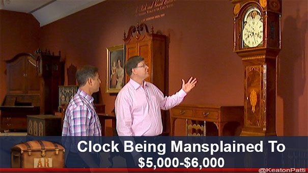 Man discussing antique clock with humorous caption, estimated value $5,000-$6,000.