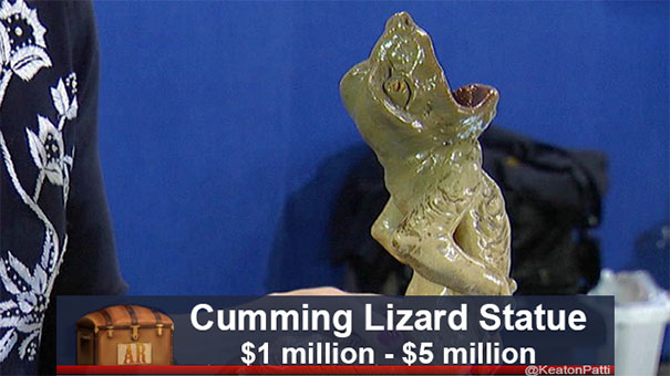 Antiques Roadshow item with funny caption: Cumming Lizard Statue, valued at $1 million to $5 million.