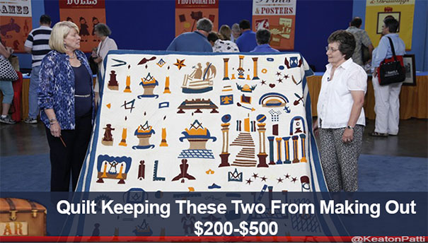 Two women on Antiques Roadshow stand by a quilt with a humorous caption valued at $200-$500.
