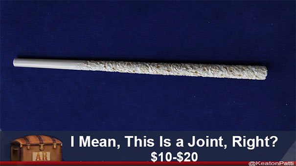 Humorous caption on Antiques Roadshow item valued at $10-$20, resembling a decorated stick.