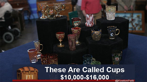 Hilarious captions on Antiques Roadshow items with ornate cups valued at $10,000-$16,000 displayed on a table.