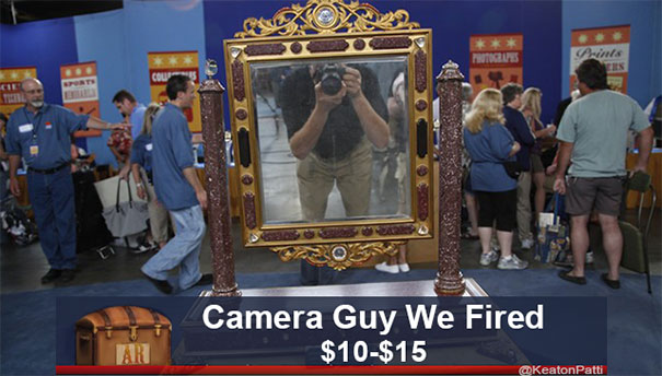 Antiques Roadshow item with a humorous caption: "Camera Guy We Fired" valued at $10-$15.