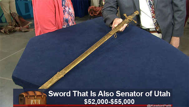 Antiques Roadshow item with funny caption: "Sword That Is Also Senator of Utah," valued at $52,000-$55,000.