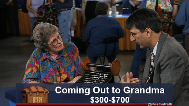 Man and elderly woman discuss item with funny caption on Antiques Roadshow.