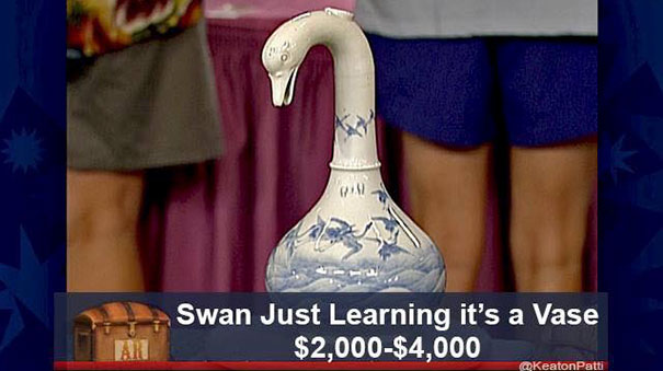 Antiques Roadshow item with funny caption: "Swan Just Learning it’s a Vase," valued at $2,000-$4,000.