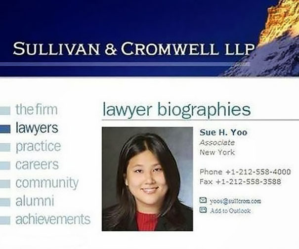 Lawyer biography showing Sue H. Yoo’s profile with contact details at Sullivan & Cromwell LLP.