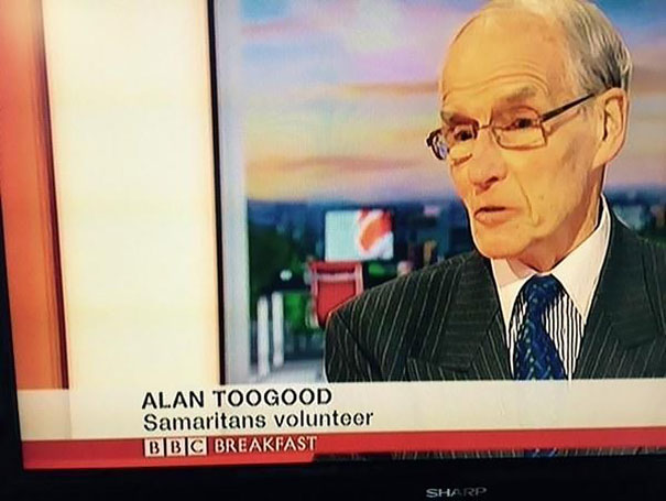 Elderly man on BBC Breakfast segment labeled as volunteer, fittingly named.