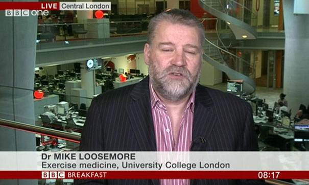 Dr. Mike Loosemore on BBC Breakfast discussing exercise medicine in a newsroom setting.