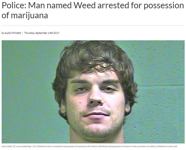 Man named Weed in police custody photo highlighted in hilarious job coincidences article.