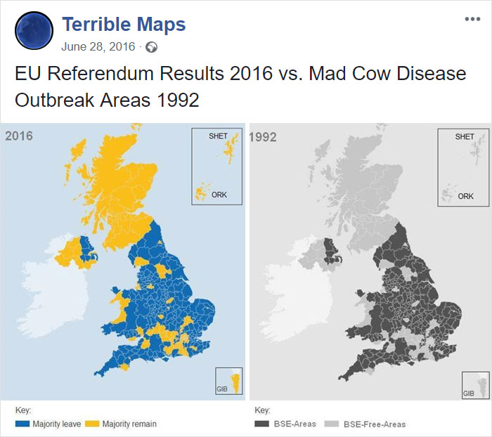 EU Referendum Results 2016 Vs. Mad Cow Disease Outbreak Areas 1992
