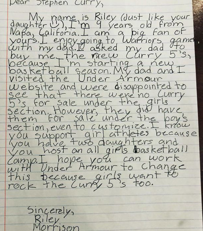 9-Year-Old Girl Writes A Letter To NBA Star Steph Curry Complaining His Shoes Are Only For Boys, He Responds With A Gift