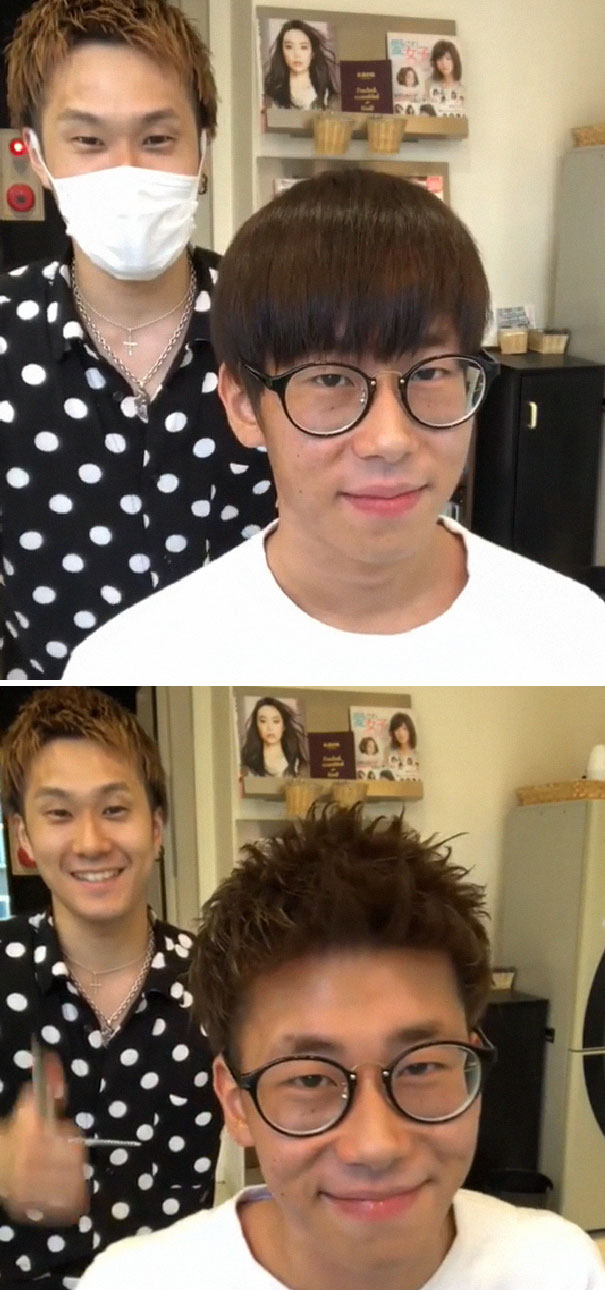 Japanese barber transforms client's hairstyle, showcasing the dramatic difference a good haircut can make.