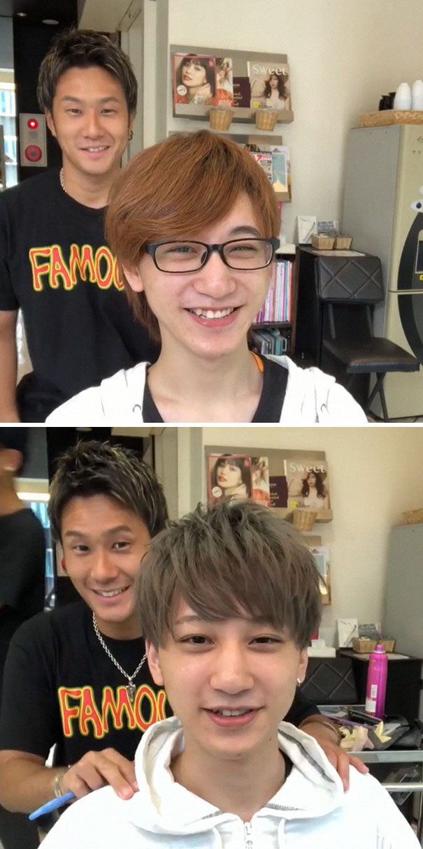 Before and after haircut by Japanese barber showcasing dramatic transformation.