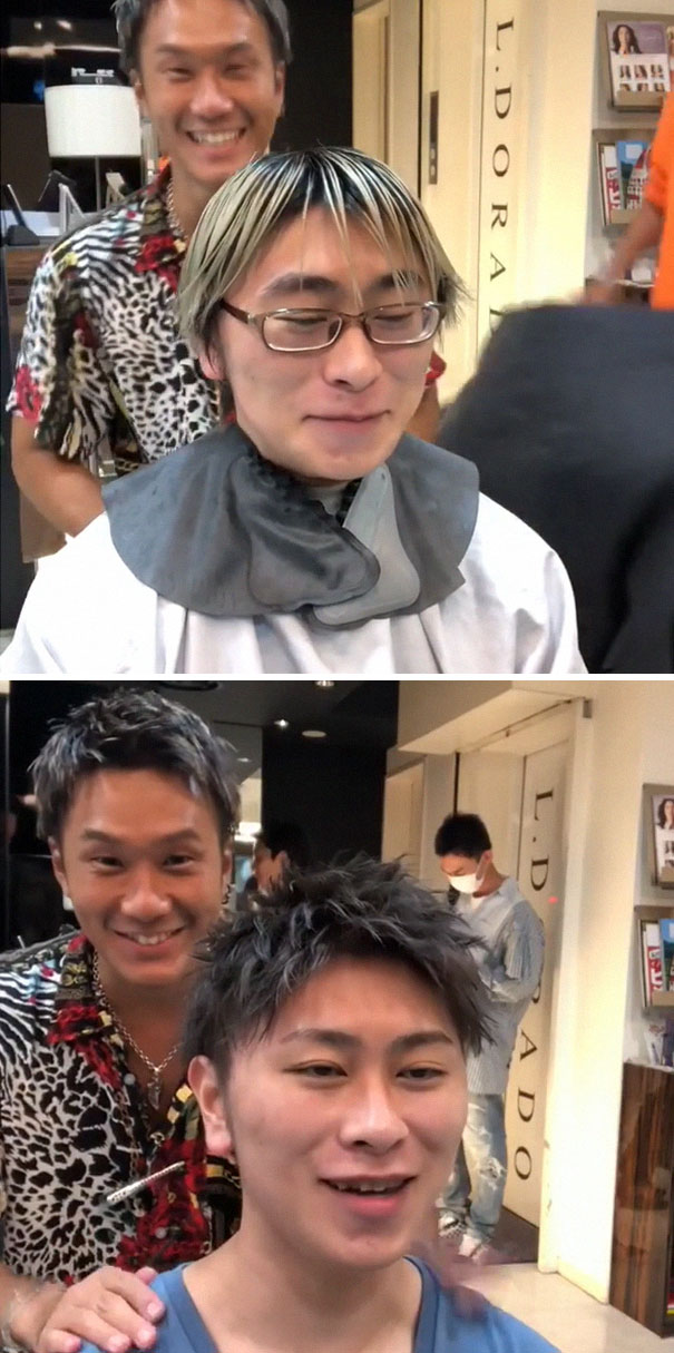 Japanese barber showcases a dramatic haircut transformation, highlighting the impact of professional styling.