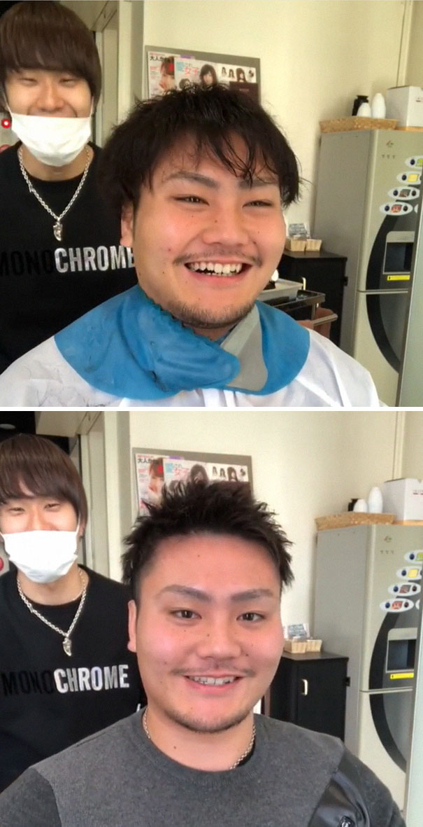 Before and after photos of a Japanese barber showcasing the impact of a good haircut.