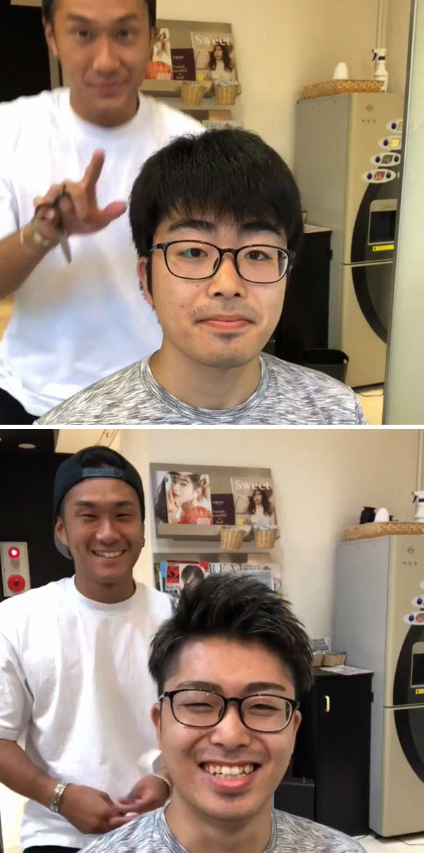 Before and after photos of a Japanese barber's transformative haircut on a young man wearing glasses.