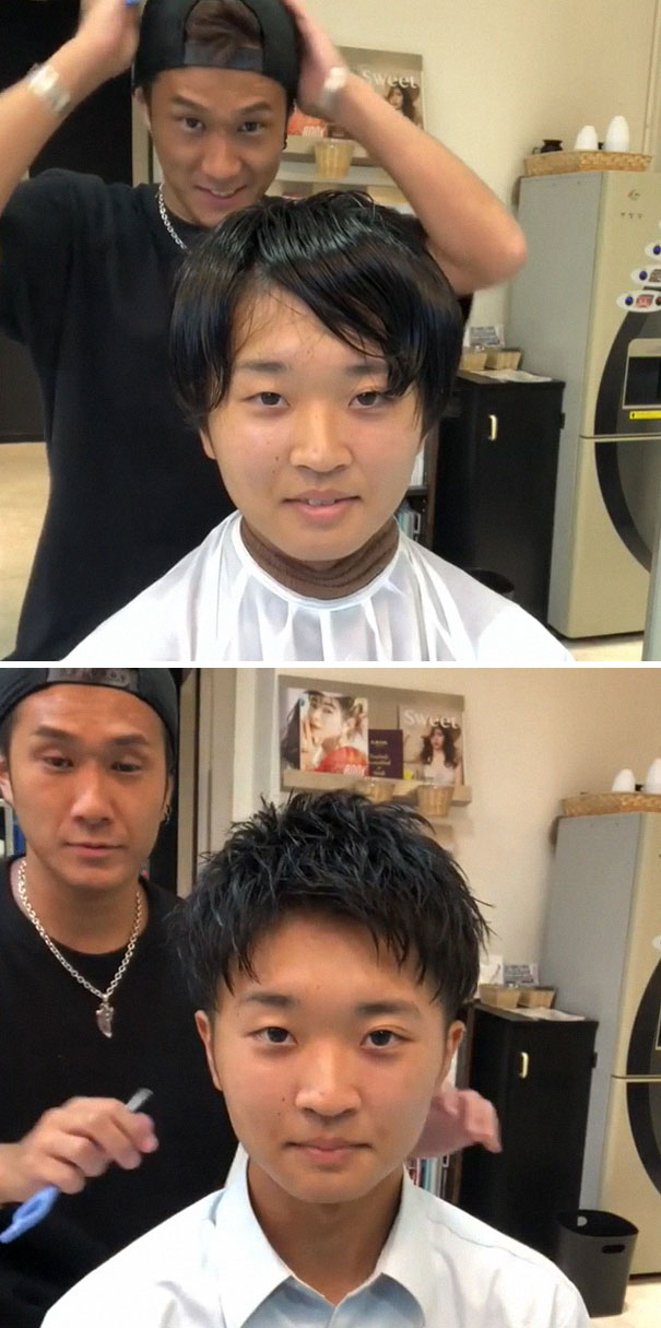 Japanese barber demonstrates a dramatic haircut transformation on a young client in a salon setting.