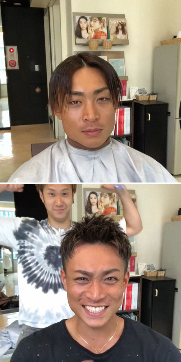 Man before and after a Japanese barber haircut, showing a significant transformation and a smiling face.