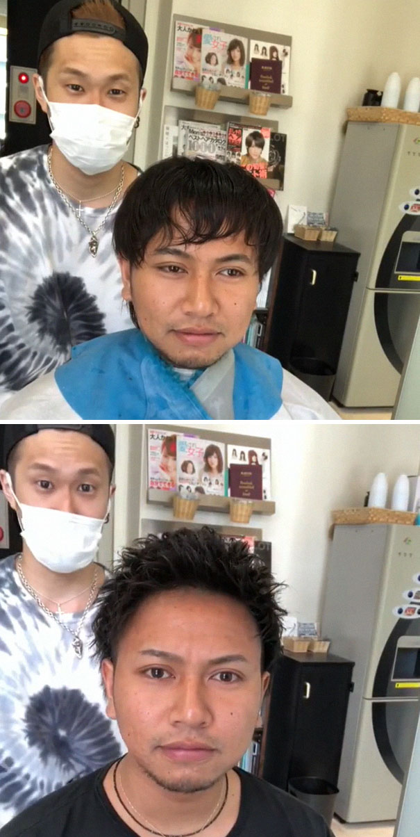 Before and after images of a man transformed by a skilled Japanese barber with a stylish haircut.