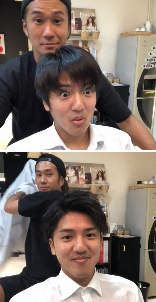 Before and after images of a Japanese barber showcasing a noticeable haircut transformation.