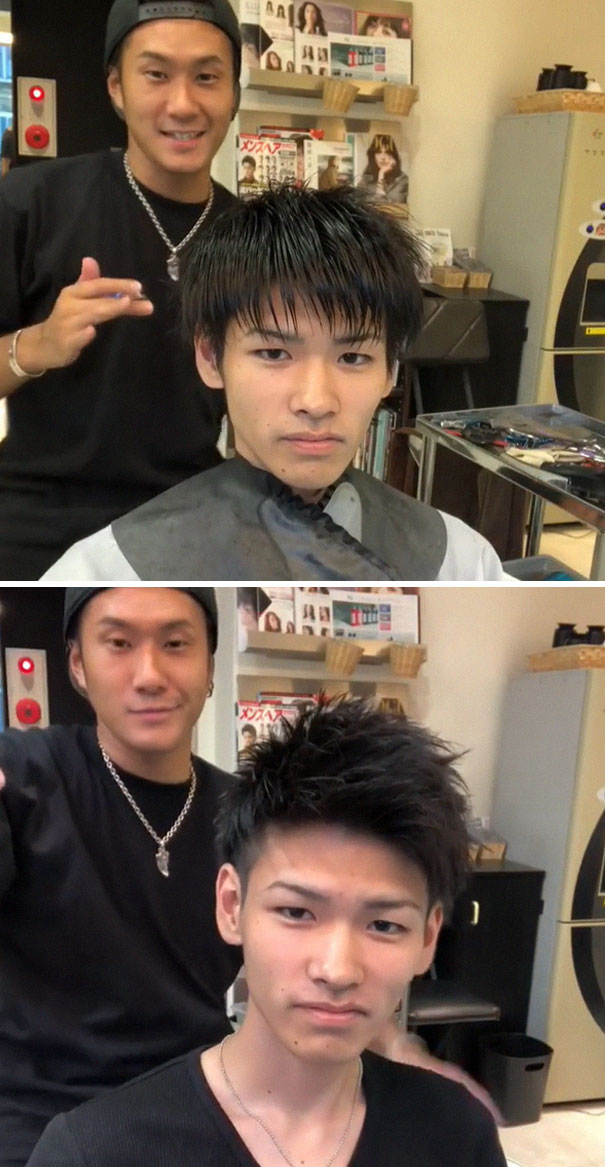 Before and after photos of a Japanese barber's transformative haircut.