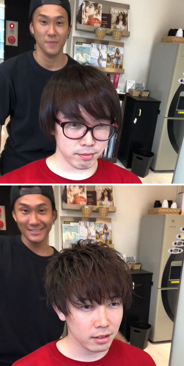 Japanese barber transforms man's look with a stylish haircut; before and after comparison in a salon setting.