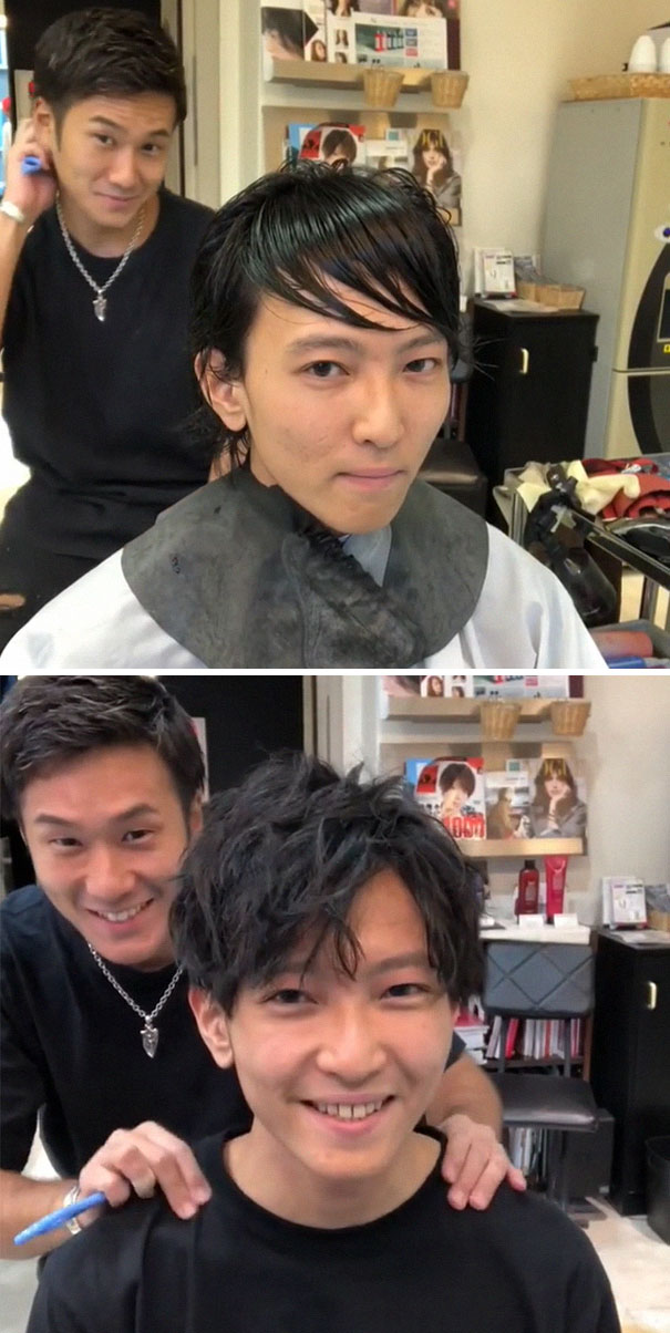 Japanese barber transforms a man's hairstyle, showing the dramatic difference a good haircut can make.