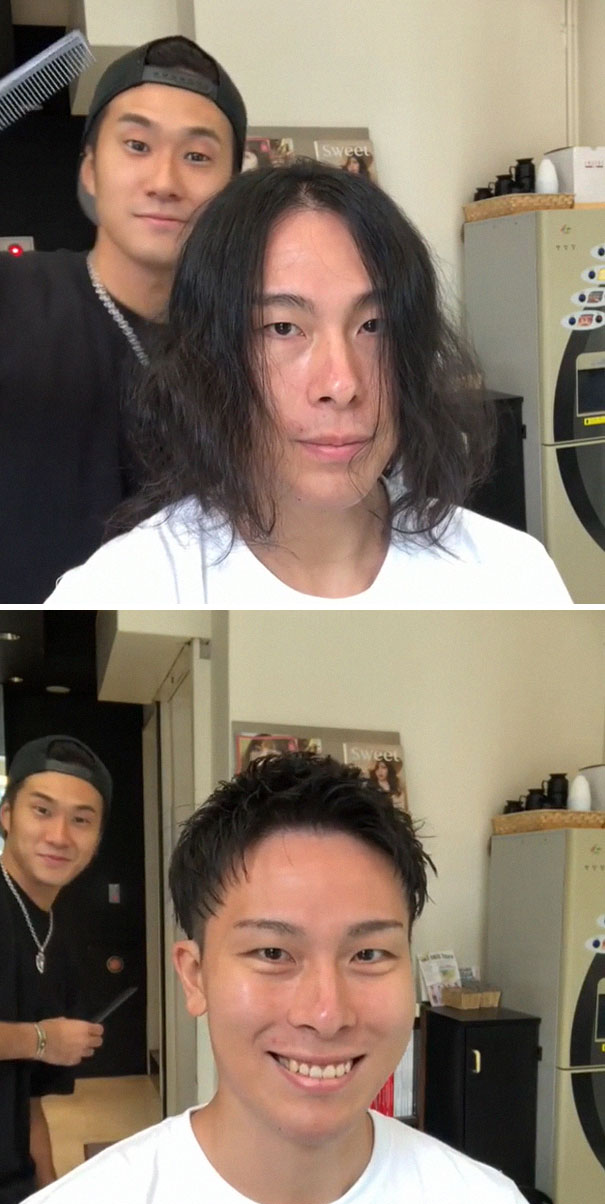 Japanese barber transforms hairstyle dramatically, showcasing the impact of a good haircut in before-and-after photos.