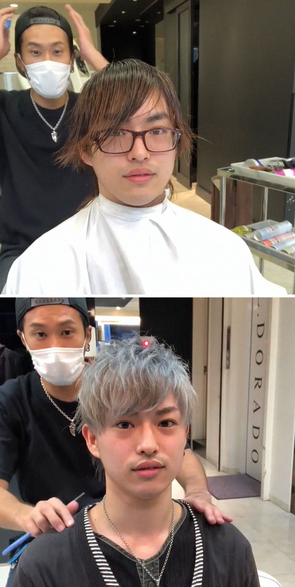 Before and after a stylish haircut by a Japanese barber, showcasing a significant transformation.