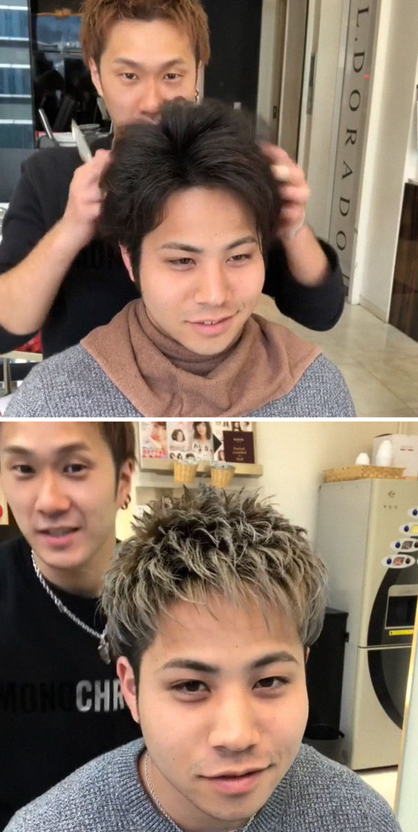 Japanese barber demonstrates the transformation with a stylish haircut, before and after comparison.