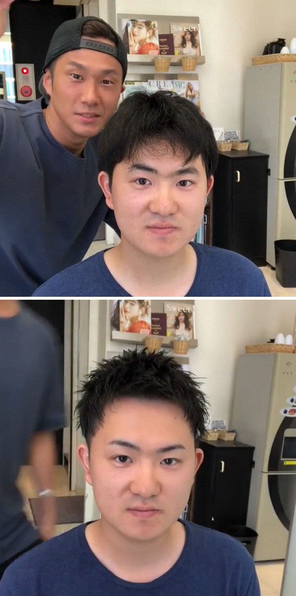 Japanese barber demonstrates transformation with a stylish haircut on a young man, showing before and after results.