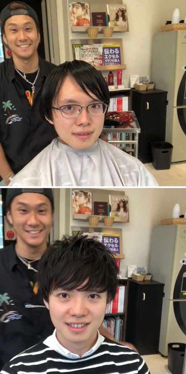 Japanese barber demonstrates transformative haircut with a smiling before and after of a client.