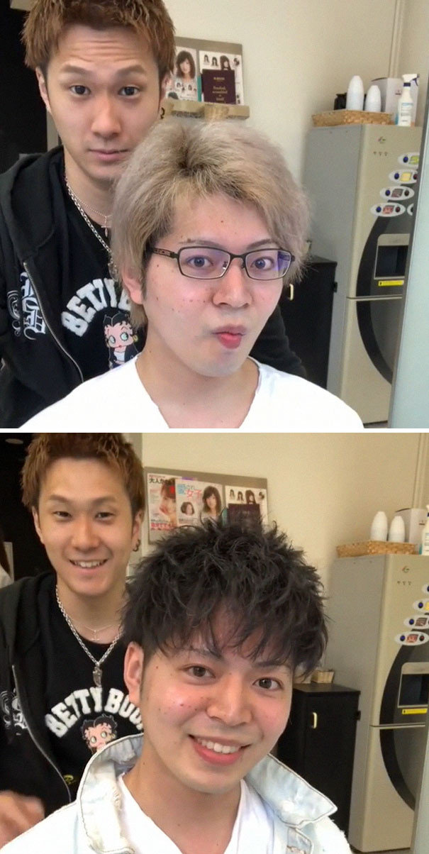 Japanese barber transformation showing a dramatic haircut difference.