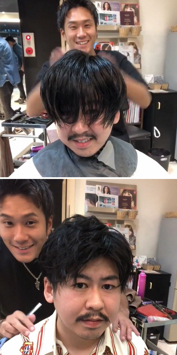 Japanese barber demonstrates a transformative haircut, showcasing the power of a good hairstyle change.