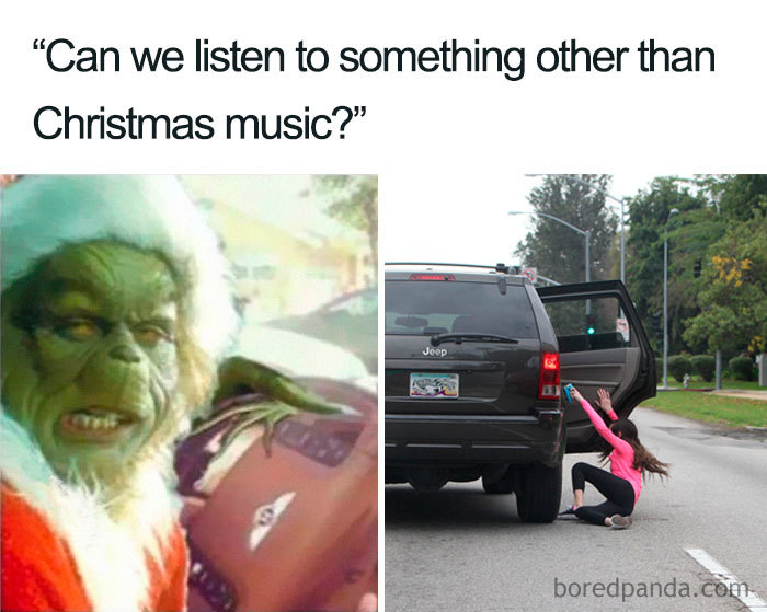 Grinch driving car meme with text about listening to Christmas music.
