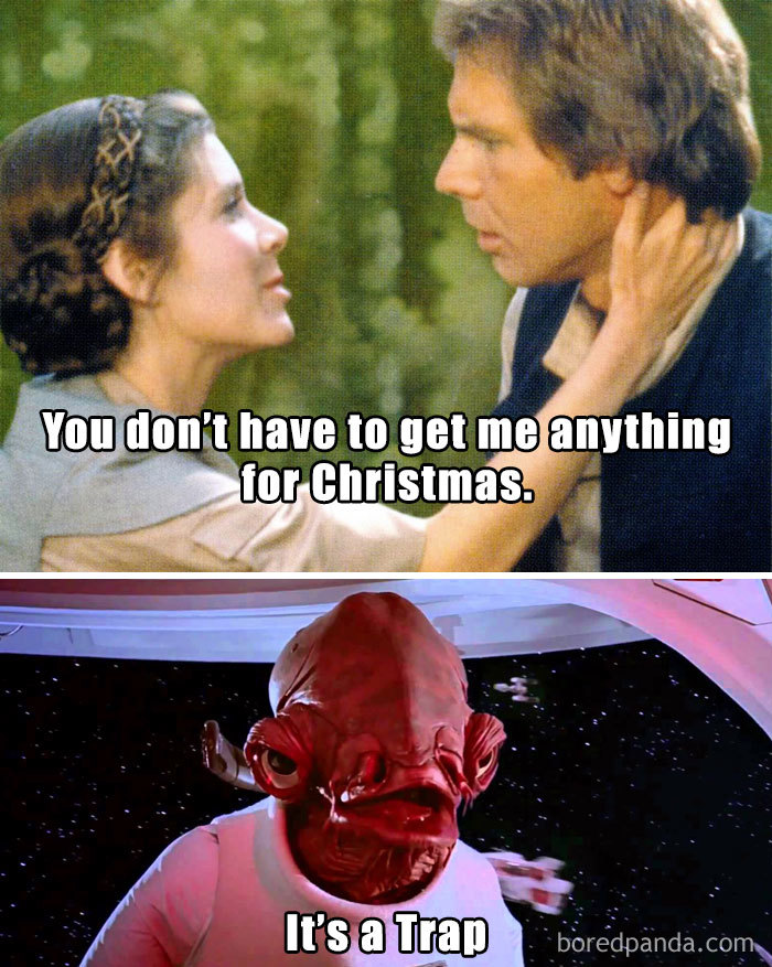 Star Wars characters in a funny Christmas meme, referencing a classic scene with text: "It's a Trap."
