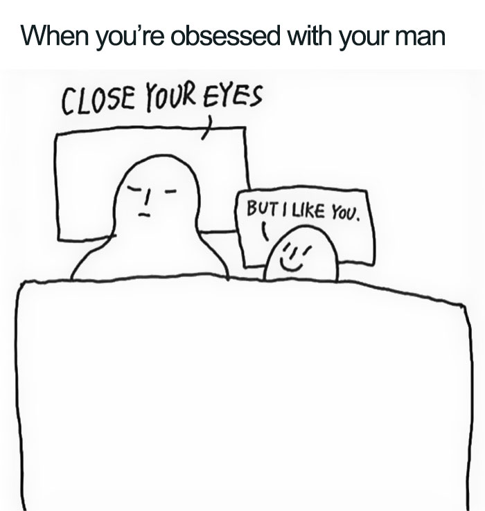 Wholesome relationship meme showing a couple in bed, one saying "close your eyes" while the other responds "but I like you."