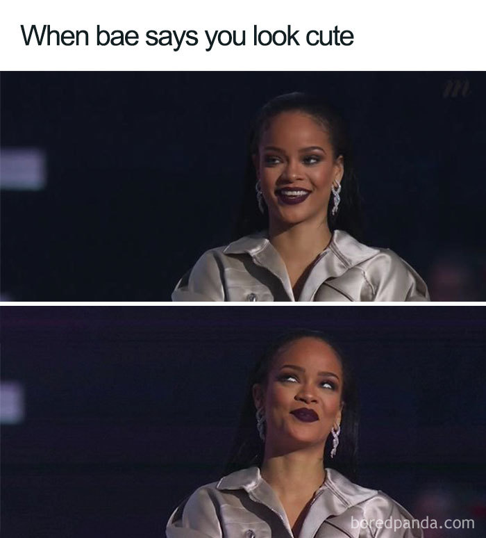 Wholesome relationship meme with two images of a woman reacting with a smile when called cute by her partner.